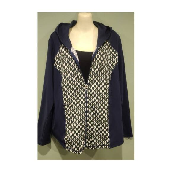 Chicos Zenergy Zip Up Hooded Unlined Jacket, Navy/Wht/Lime, Sz 3 (16) - Picture 1 of 5